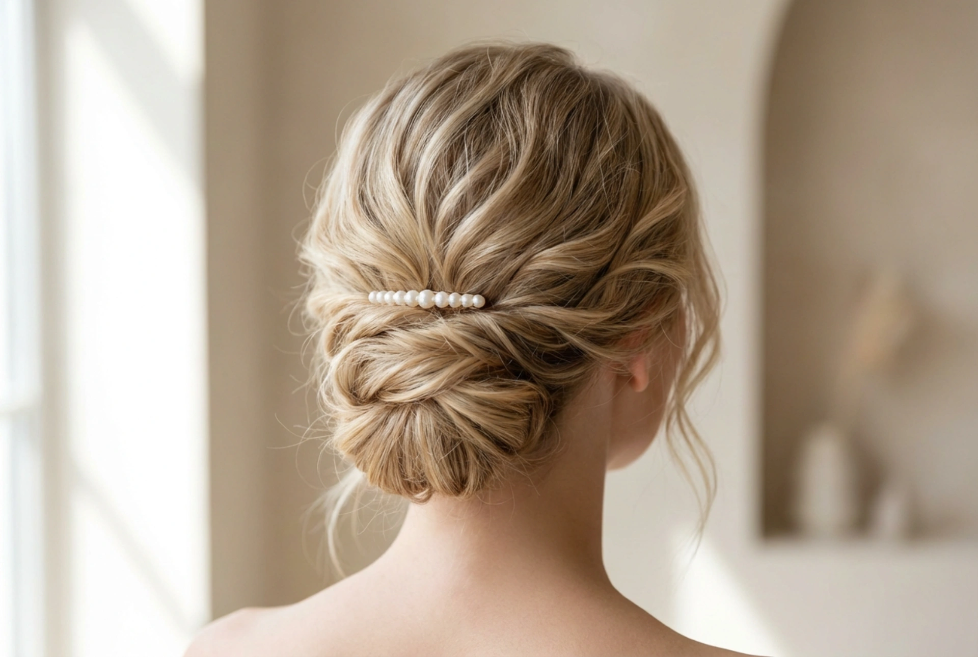Elegant kapsel voor een burgerlijk huwelijk: lage opsteekkapsels, golven en accessoires