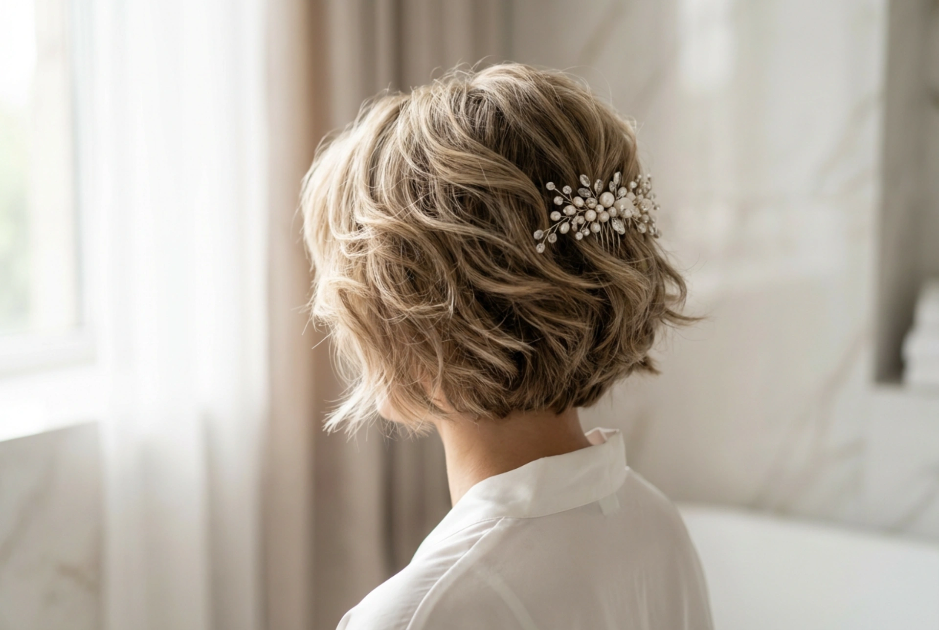 Kort haar voor een bruiloft: een bruidskapsel voor kort haar met volume
