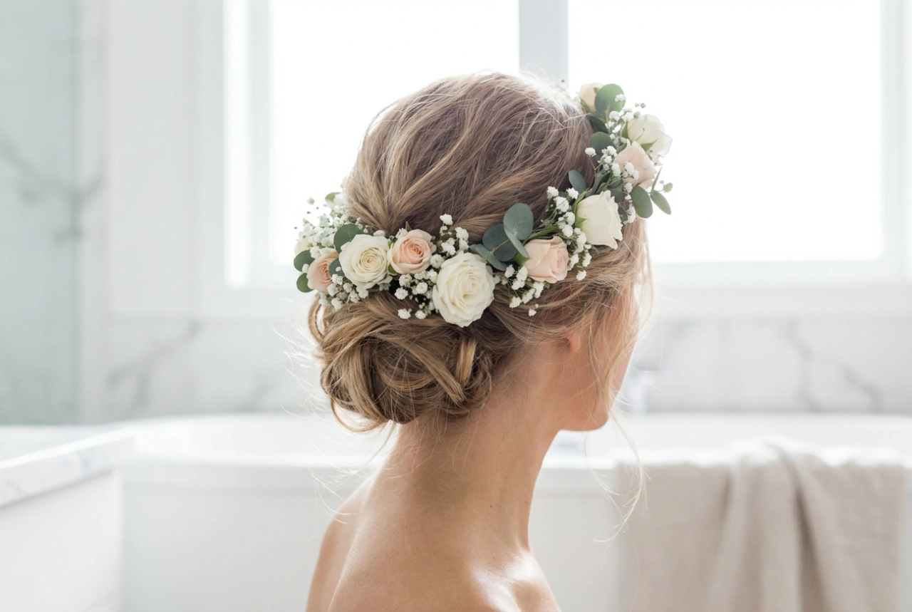 Romantische opsteekkapsels met een bloemenkrans voor de zomer en bruiloften