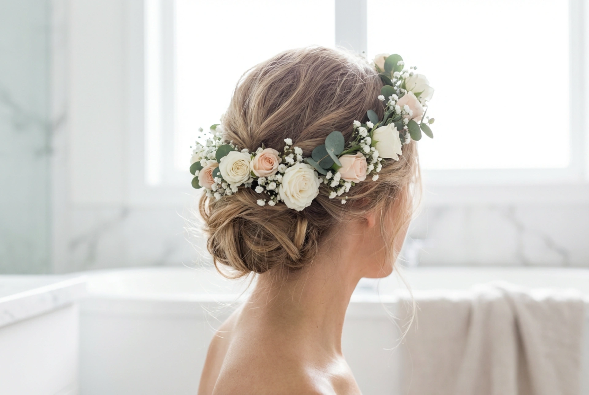 Romantische opsteekkapsels met een bloemenkrans voor de zomer en bruiloften