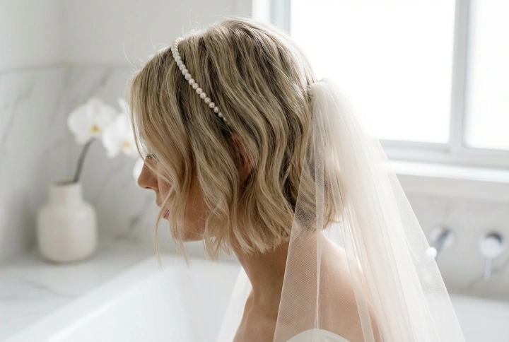 Korte bruidskapsels: elegante opsteekkapsels, haarbanden en sluier