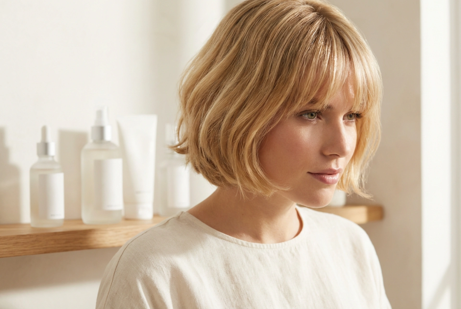 Kort blond haar met pony: kleurbescherming en volume