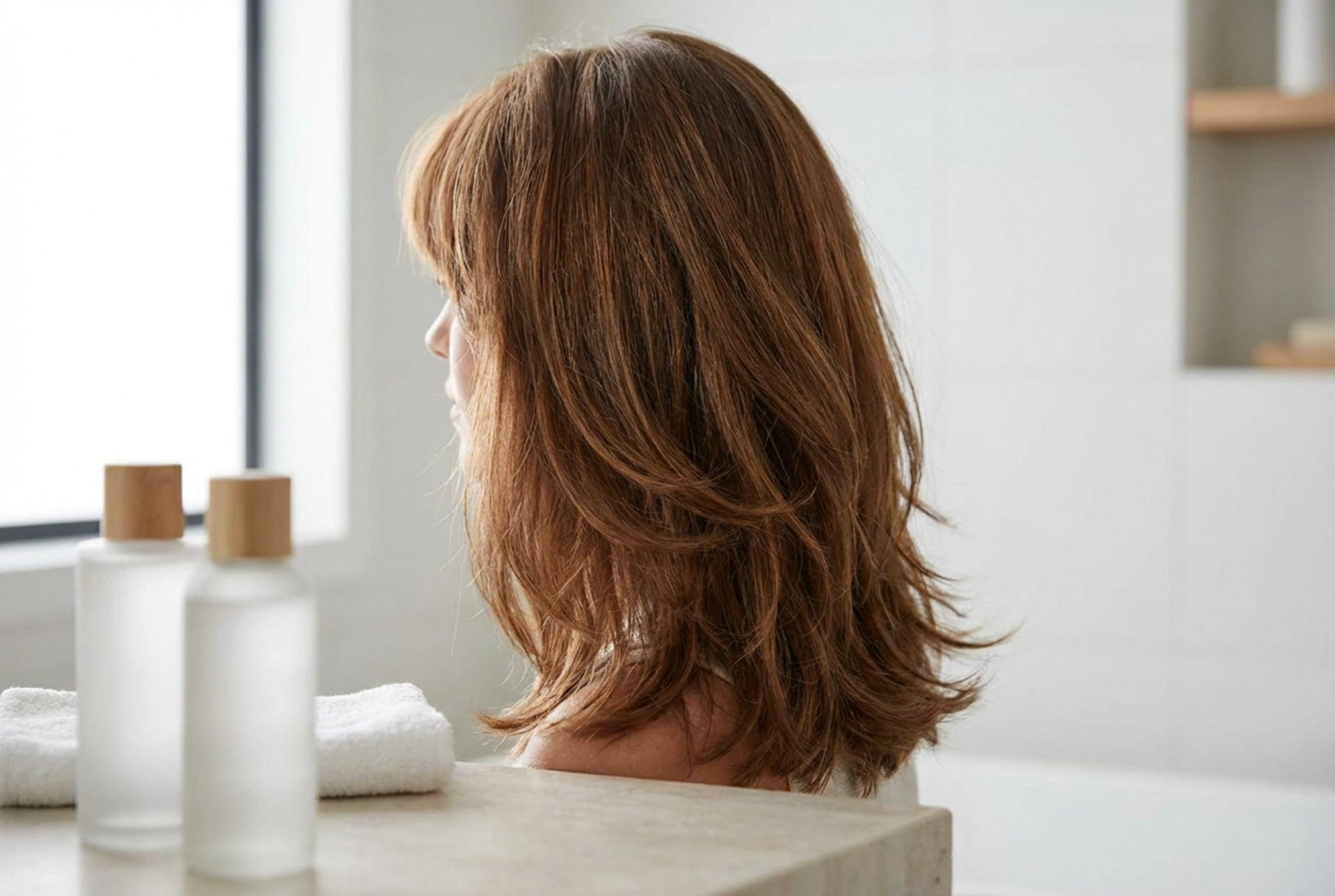 Gelaagd schouderlang haar met een pony: styling, volume en verzorging