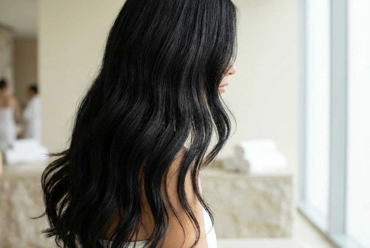 Styling en beweging: lang zwart haar zonder helmeffect