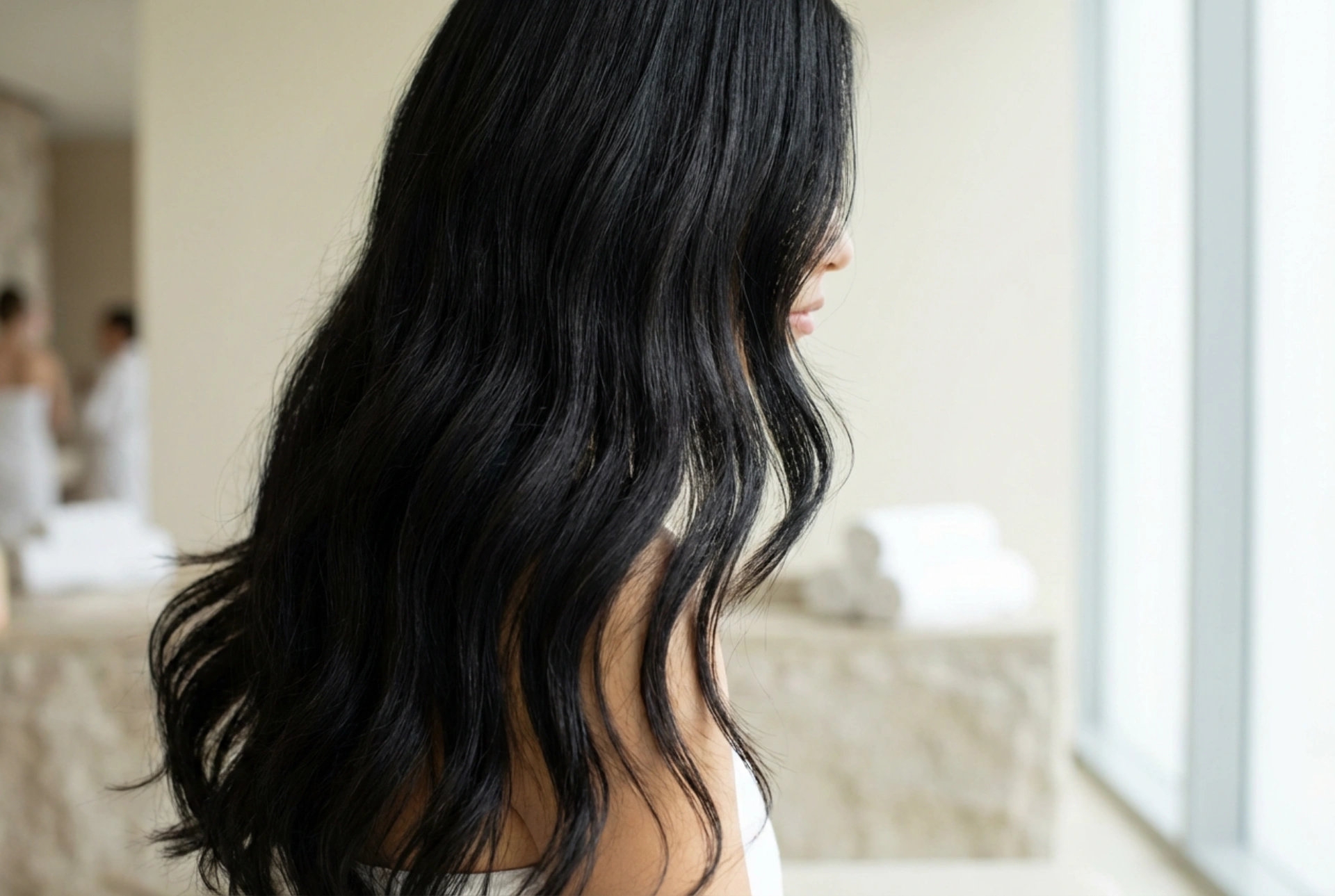 Styling en beweging: lang zwart haar zonder helmeffect