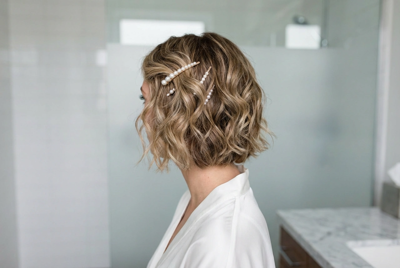 Accessoires en textuur: feestelijke bruiloftskapsels voor kort haar