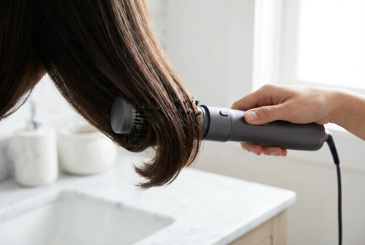 Roterende warmeluchtborstel met ionisatie: gladde lokken en punten