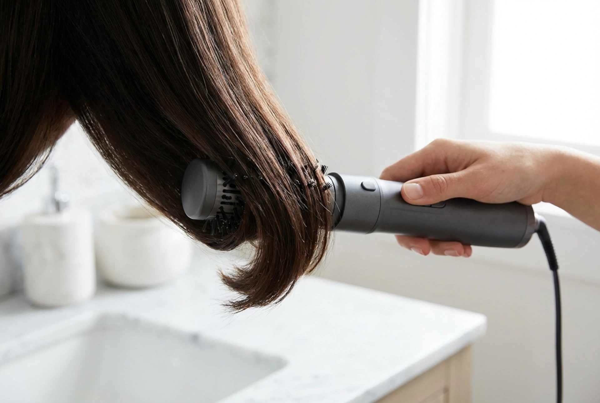 Roterende warmeluchtborstel met ionisatie: gladde lokken en punten