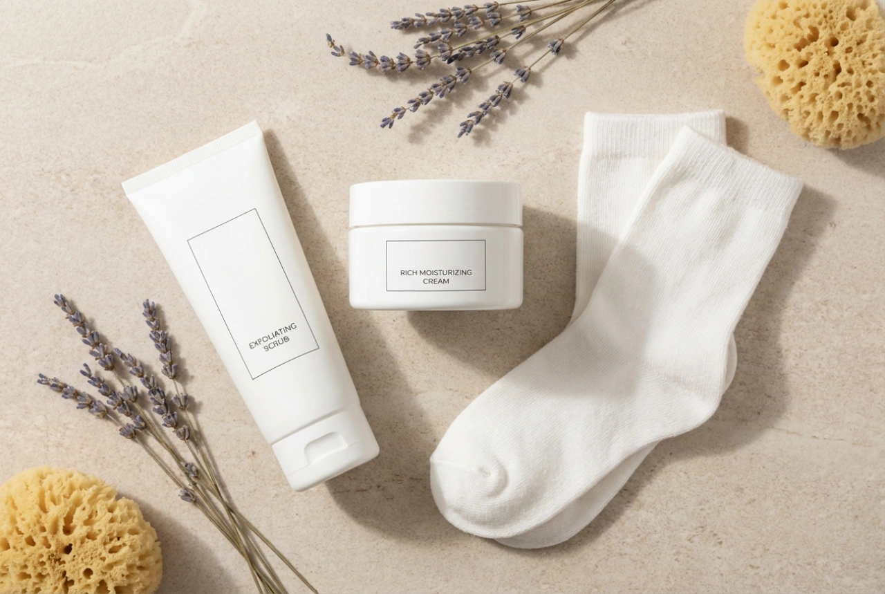 Dagelijkse routine voor gebarsten hielen: scrub, crème en sokken