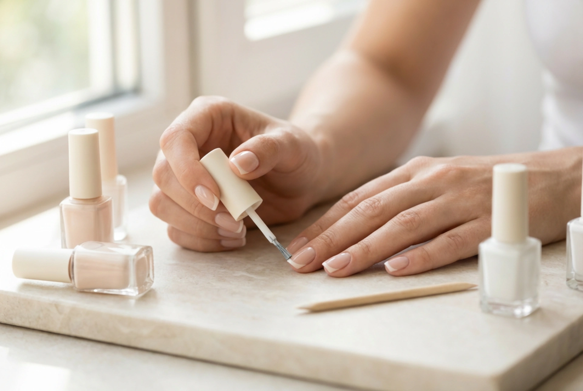 French manicure set: nagelvoorbereiding en nauwkeurig lakken