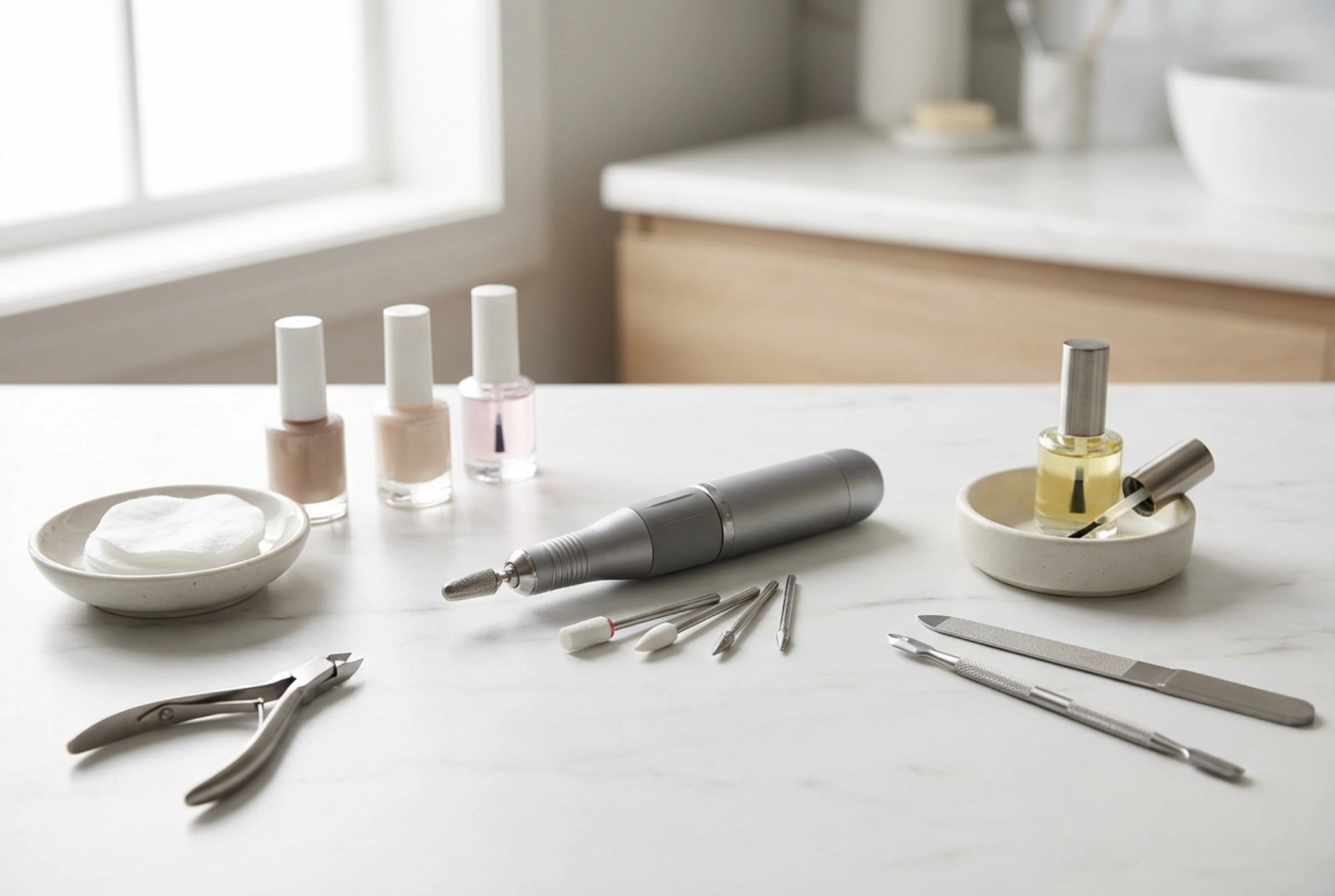 Nagelset met freesmachine: accessoires en regels voor thuisgebruik