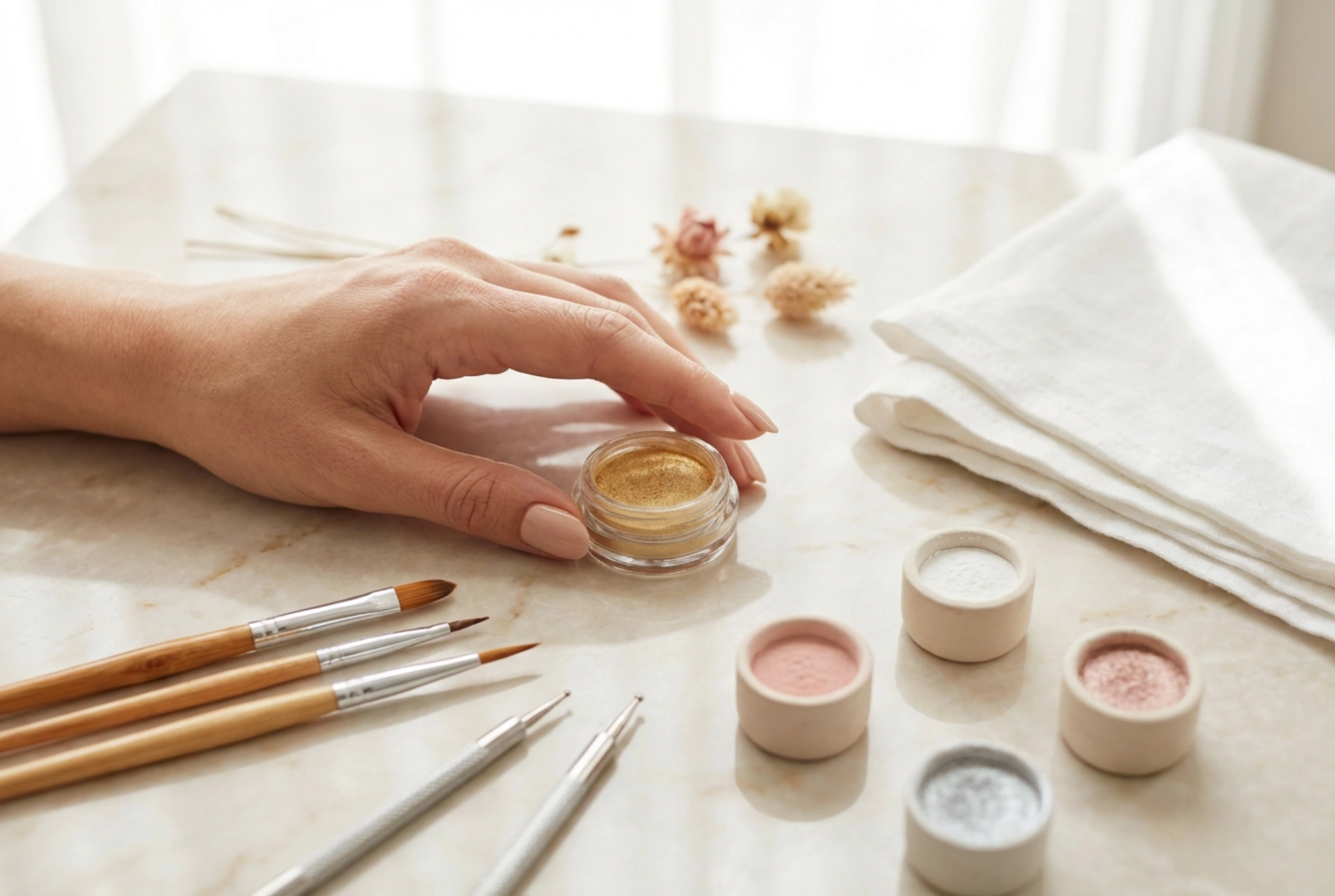 Nagelset voor nail art: penselen, dotting tools, glitters en hun toepassingen