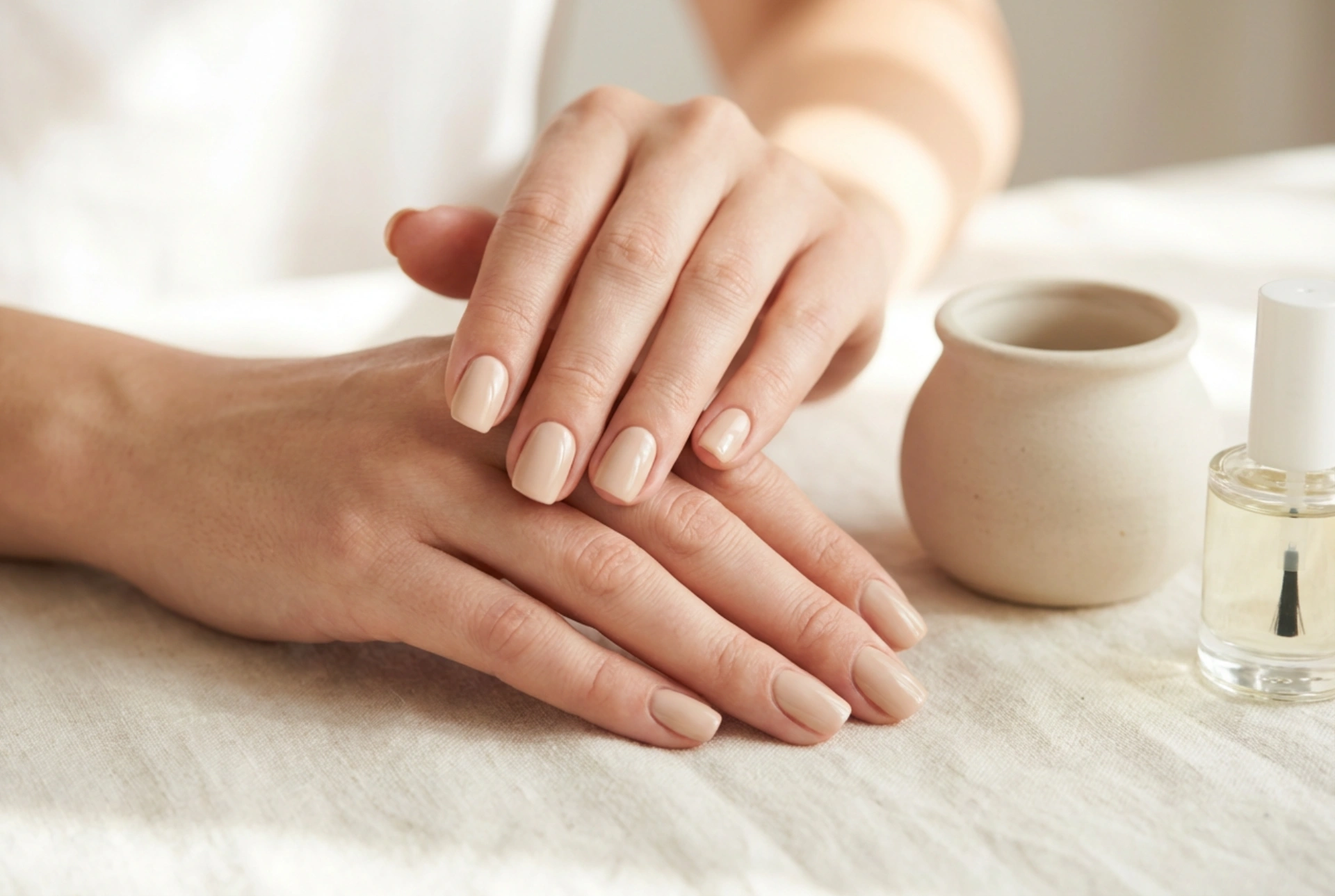 Beige gellak nagels zonder strepen: kleurkeuze, dekking en afwerking