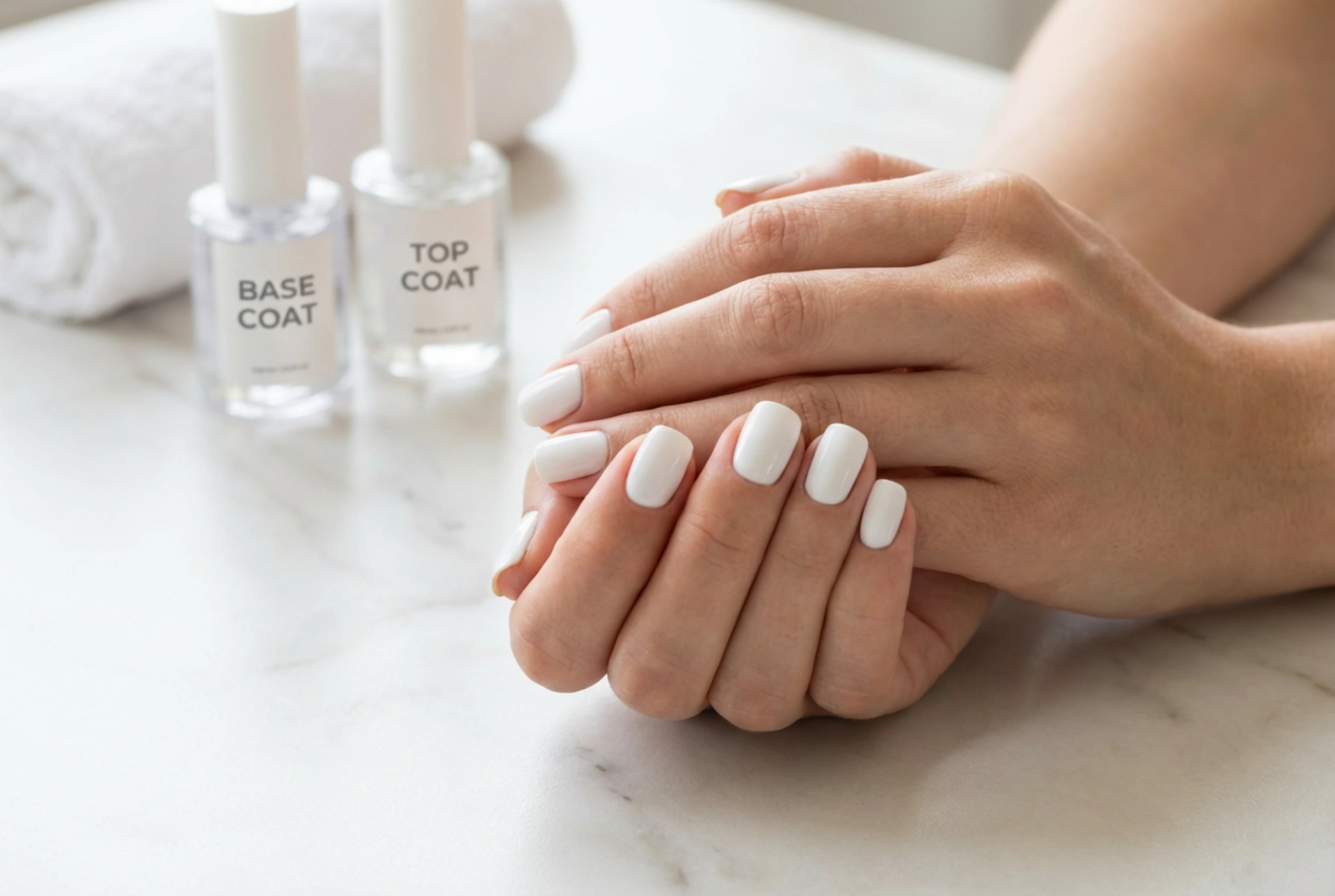 Witte gellak nagels zonder strepen: basecoat, twee dunne lagen en topcoat