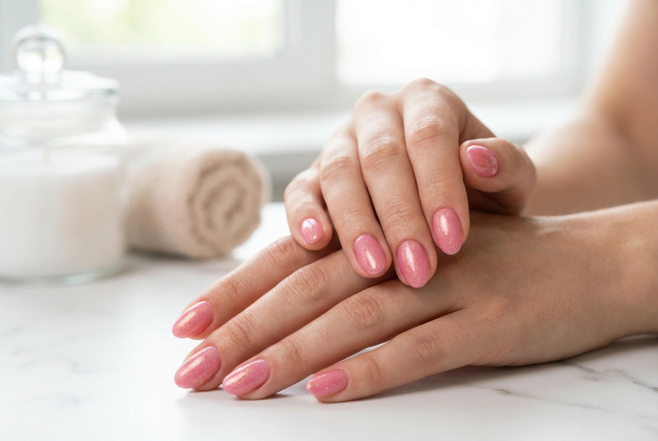 Roze hybride nagellak met glitters: gelijkmatige dekking, glans en duurzaamheid