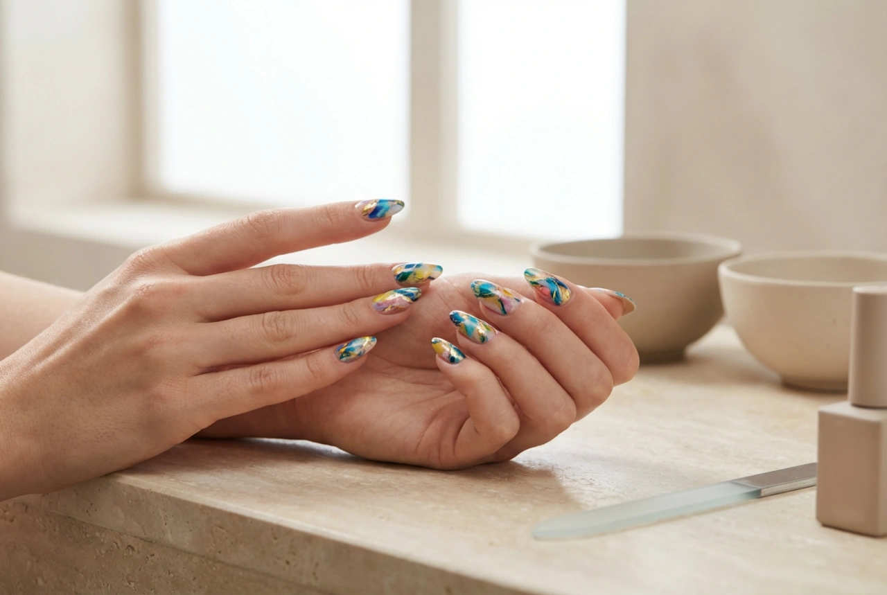 Kleurrijke hybride nagels: kleuren combineren, patronen en uitharden