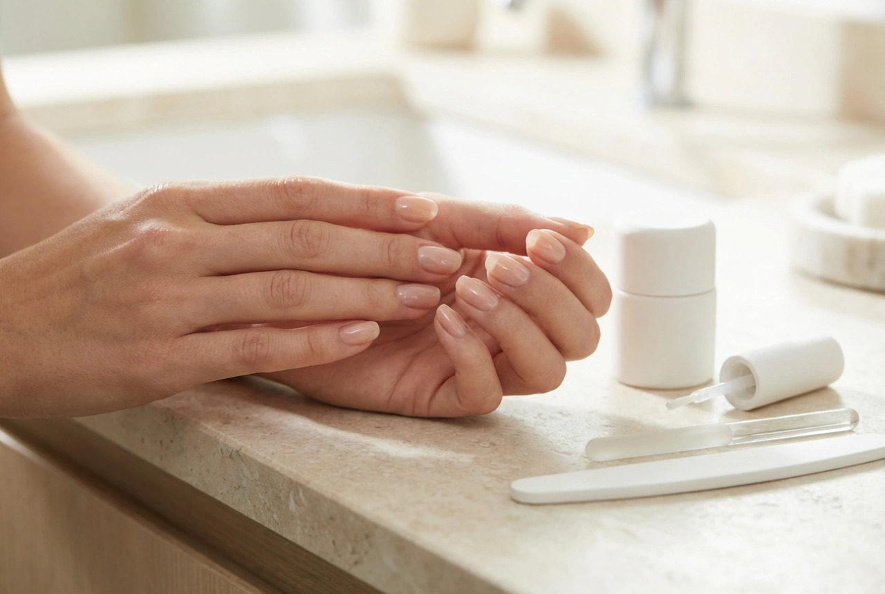 Natuurlijke gellak nagels: nude tinten, een dunne laag en intense glans