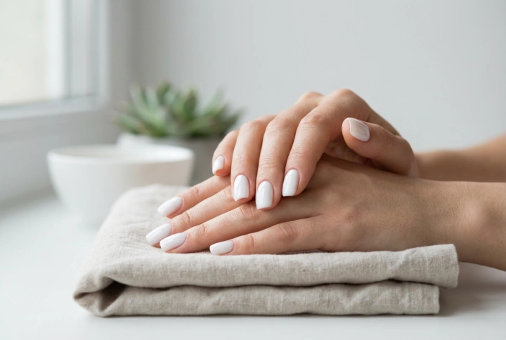 Witte hybride nagels: gladde dekking, strakke lijnen en hoogglans