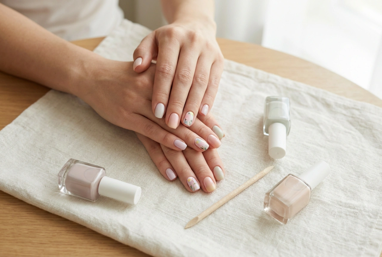 Lente hybride nagels: frisse kleuren, bloemaccenten en topcoat