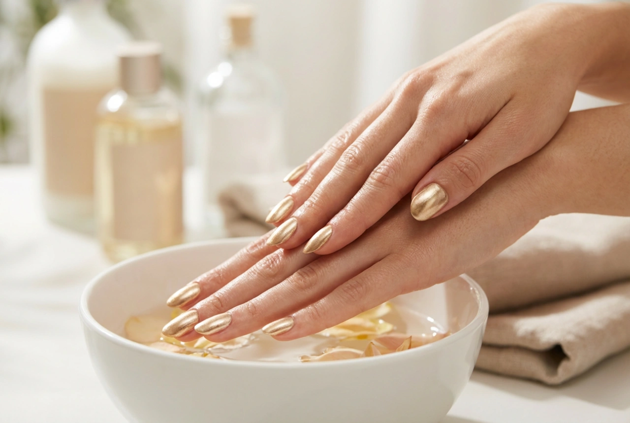Gouden nagels voor overdag en 's avonds: hoe je een egale glans krijgt