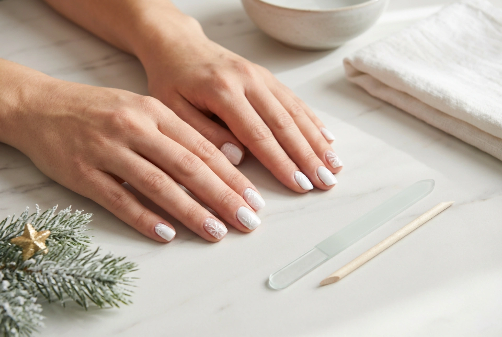 Witte kerstnagels: eenvoudige motieven, benodigdheden en duurzaamheid