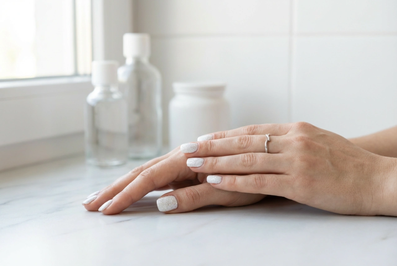 Witte glitternagels zonder strepen: basis, applicatie, top