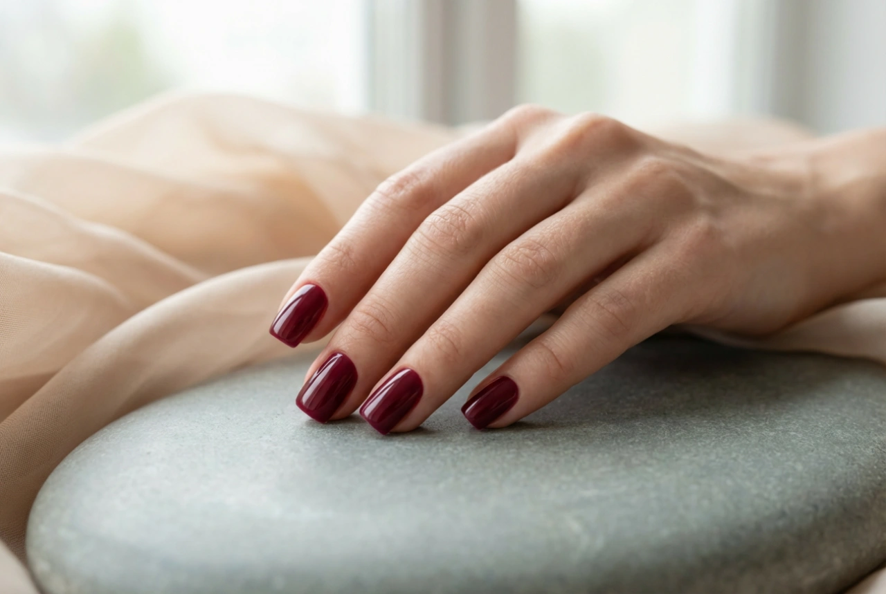 Vierkante bordeauxrode nagels: vormgeven, lakken en topcoat