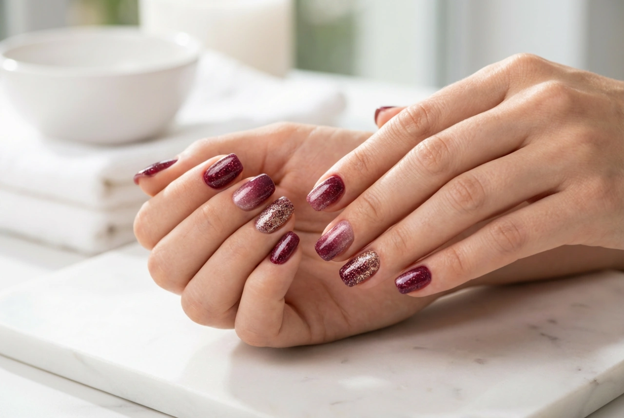 Bordeauxrode nagels met glitter: verloop, accentnagel en volledige dekking
