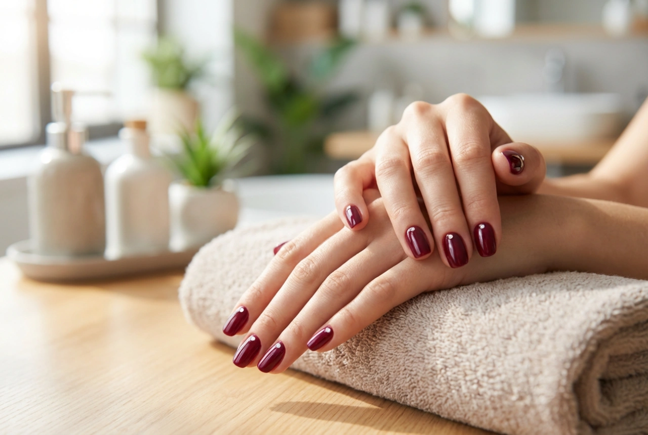 Bordeauxrode nagels met zirkonia: lijmen, schikken en vastzetten