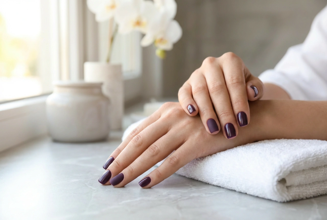 Donkerpaarse nagels: applicatie en het combineren van verschillende texturen