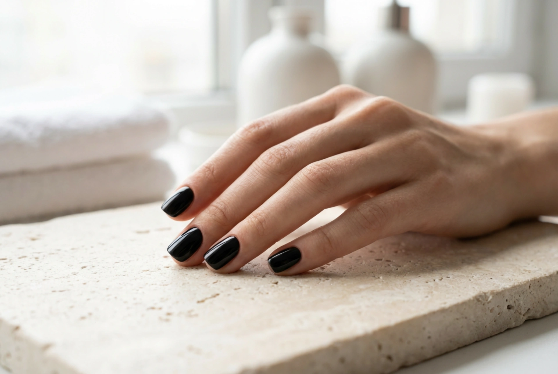 Zwarte korte nagels: optische verlenging en strakke lijnen