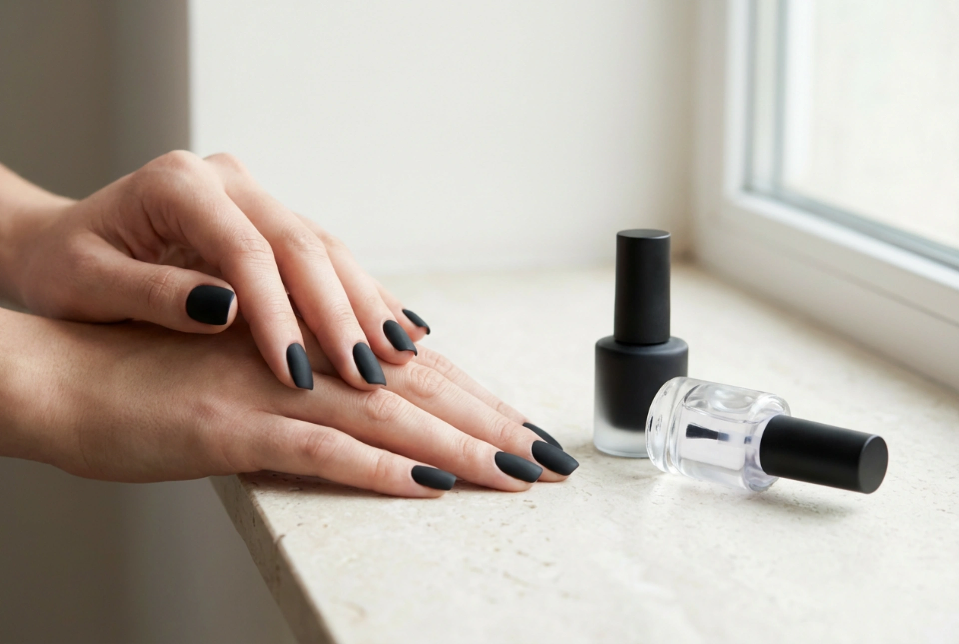 Zwarte matte nagels zonder strepen: de juiste basis en matterende topcoat