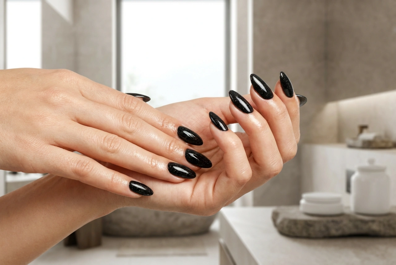 Zwarte nagels met glitters: een gelijkmatige glans en glad oppervlak