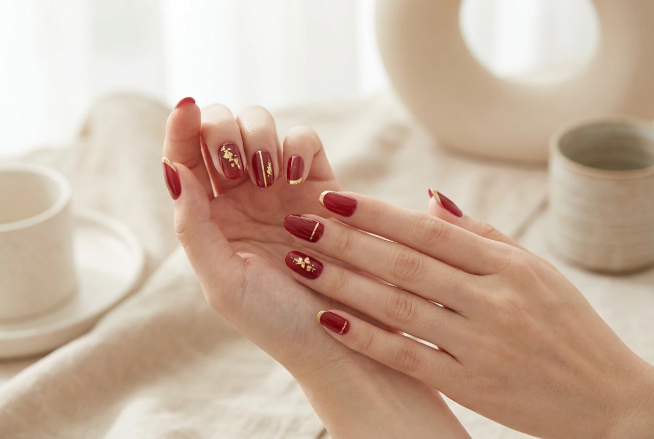Gouden accenten op rode nagels: folies, strepen en french manicure