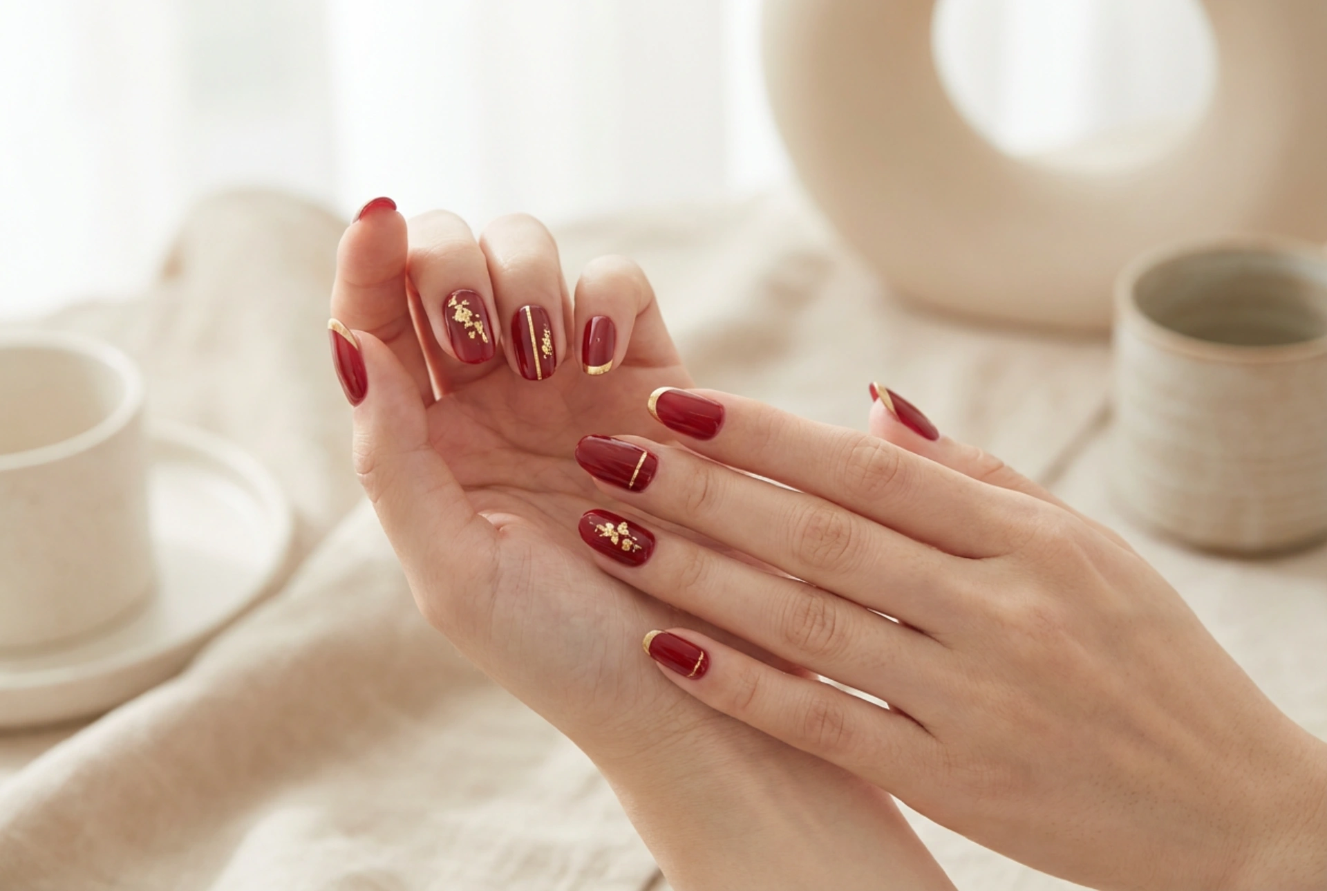 Gouden accenten op rode nagels: folies, strepen en french manicure