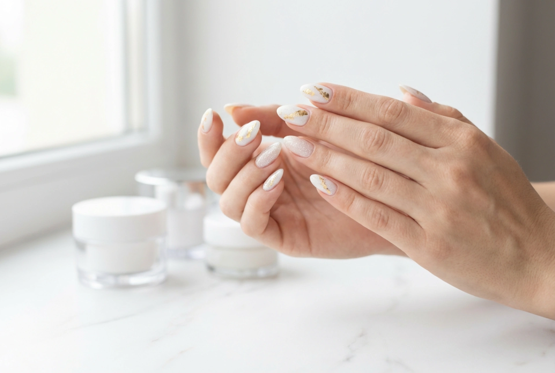 Wit-gouden nagels: een elegante manicure met folie en glitter