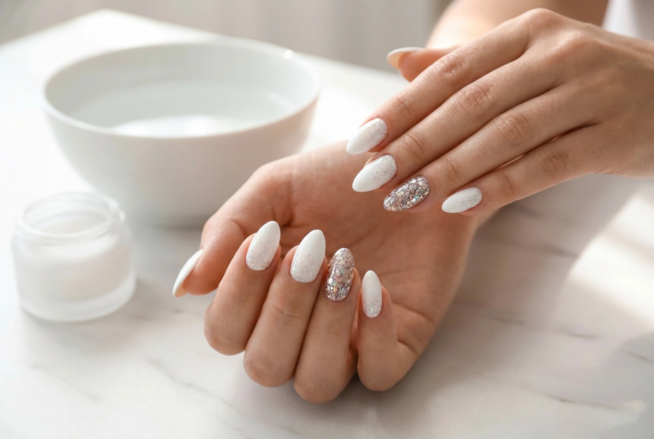 Witte nagels met glitter: van subtiele accenten tot volledige dekking