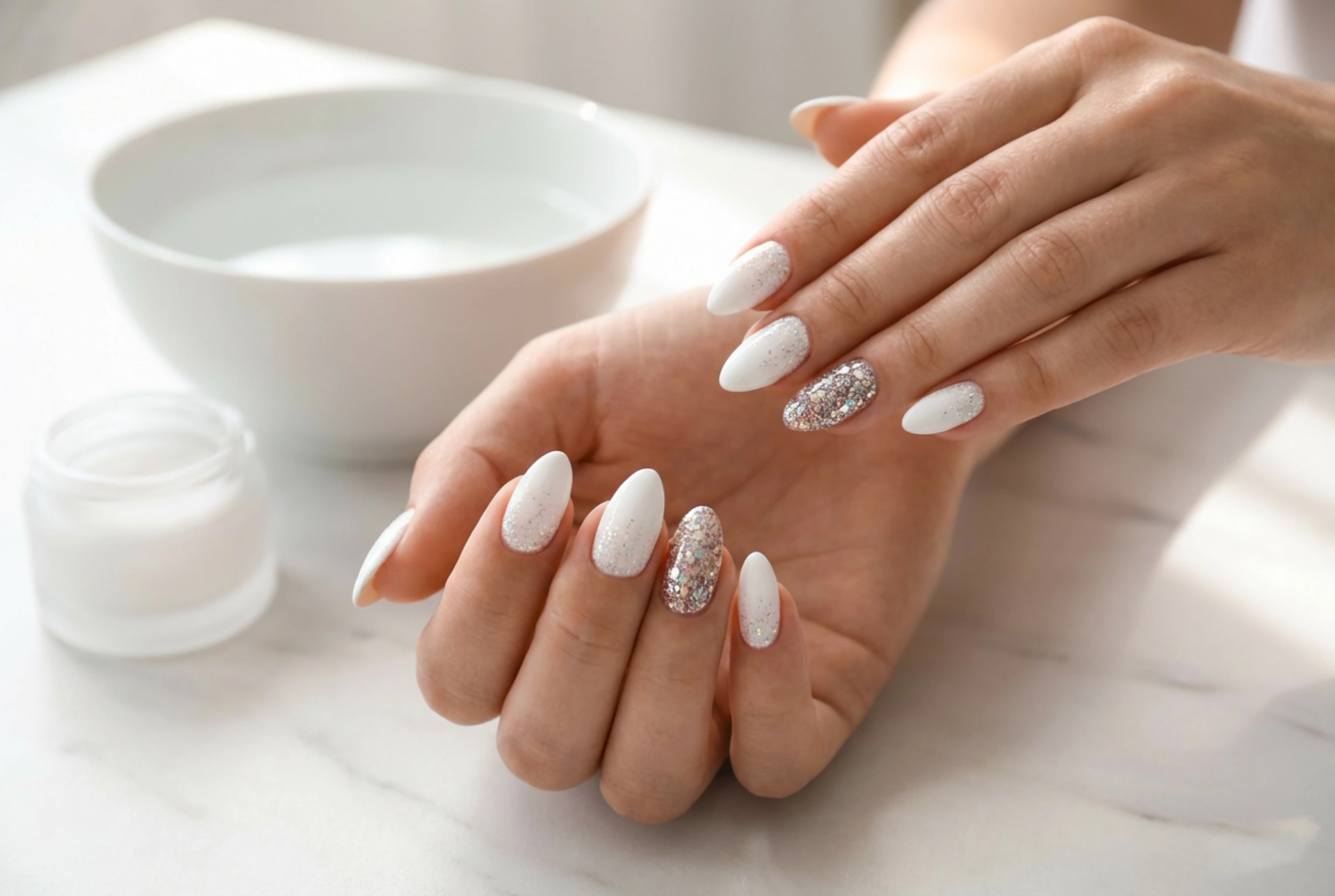 Witte nagels met glitter: van subtiele accenten tot volledige dekking