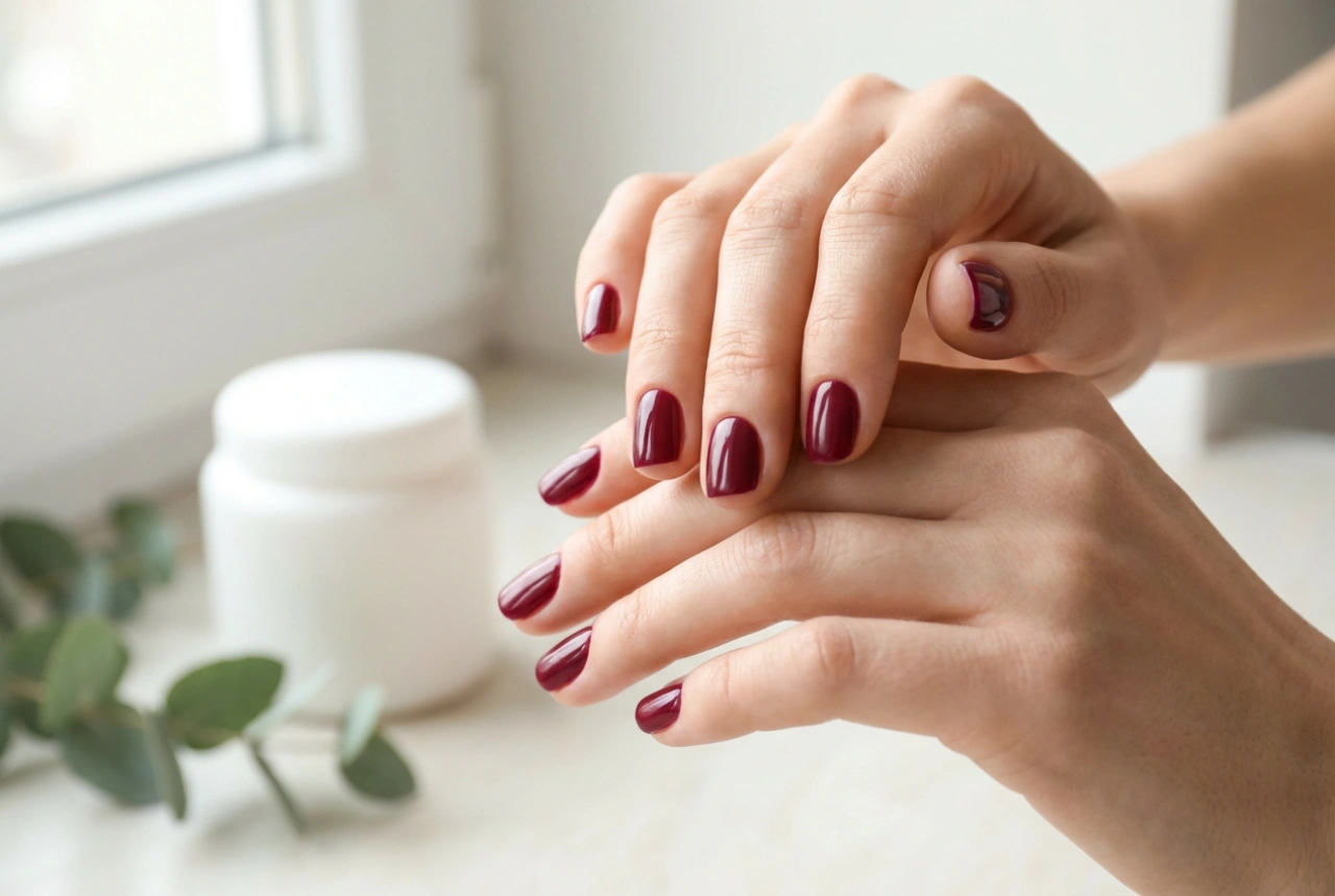 Bordeaux nagels: korte stijlen die de hand slanker maken