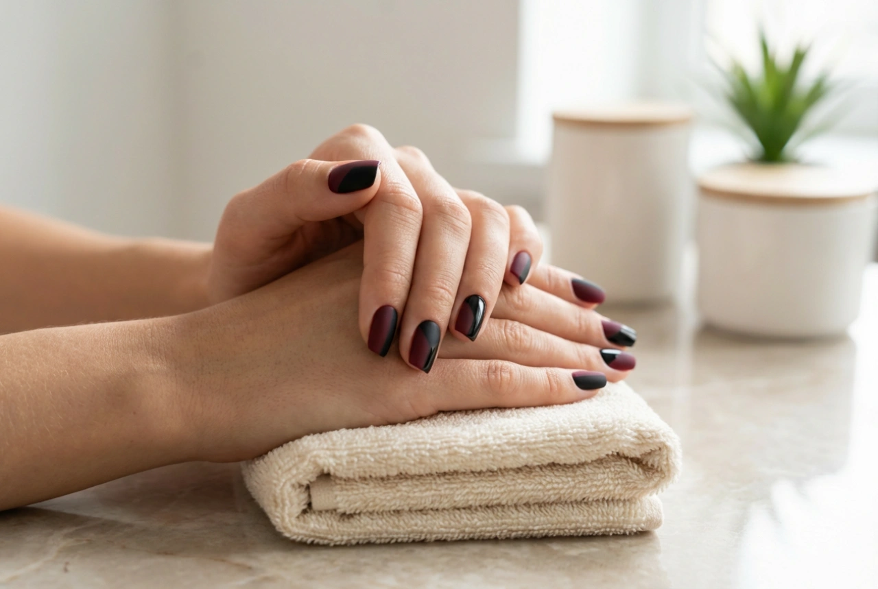 Bordeauxrode en zwarte nagels: geometrische lijnen, mat en glans