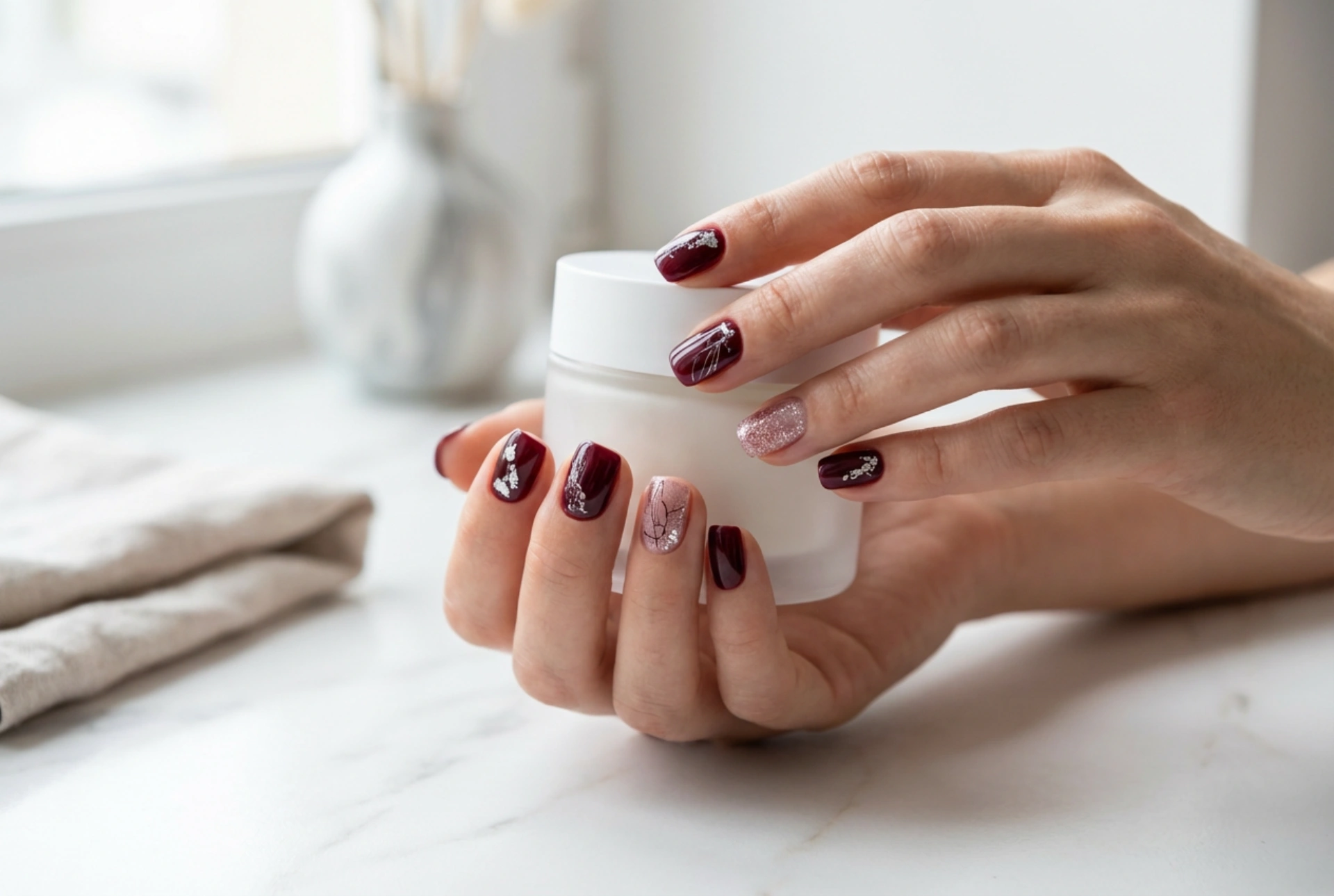 Bordeaux nagels met zilver: metallische accenten, folie en glitter