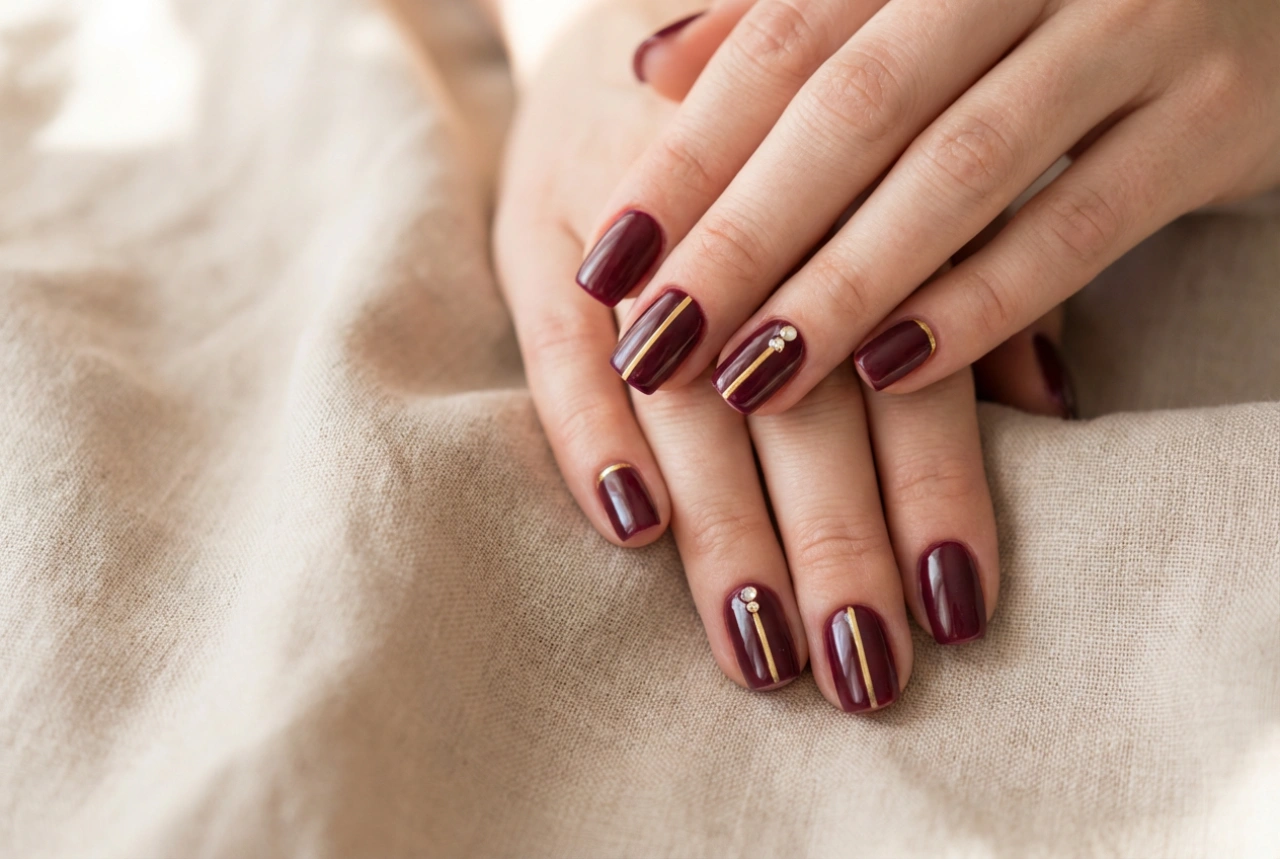 Bordeauxrode nagels met goud: luxueuze details, strepen en strass-steentjes