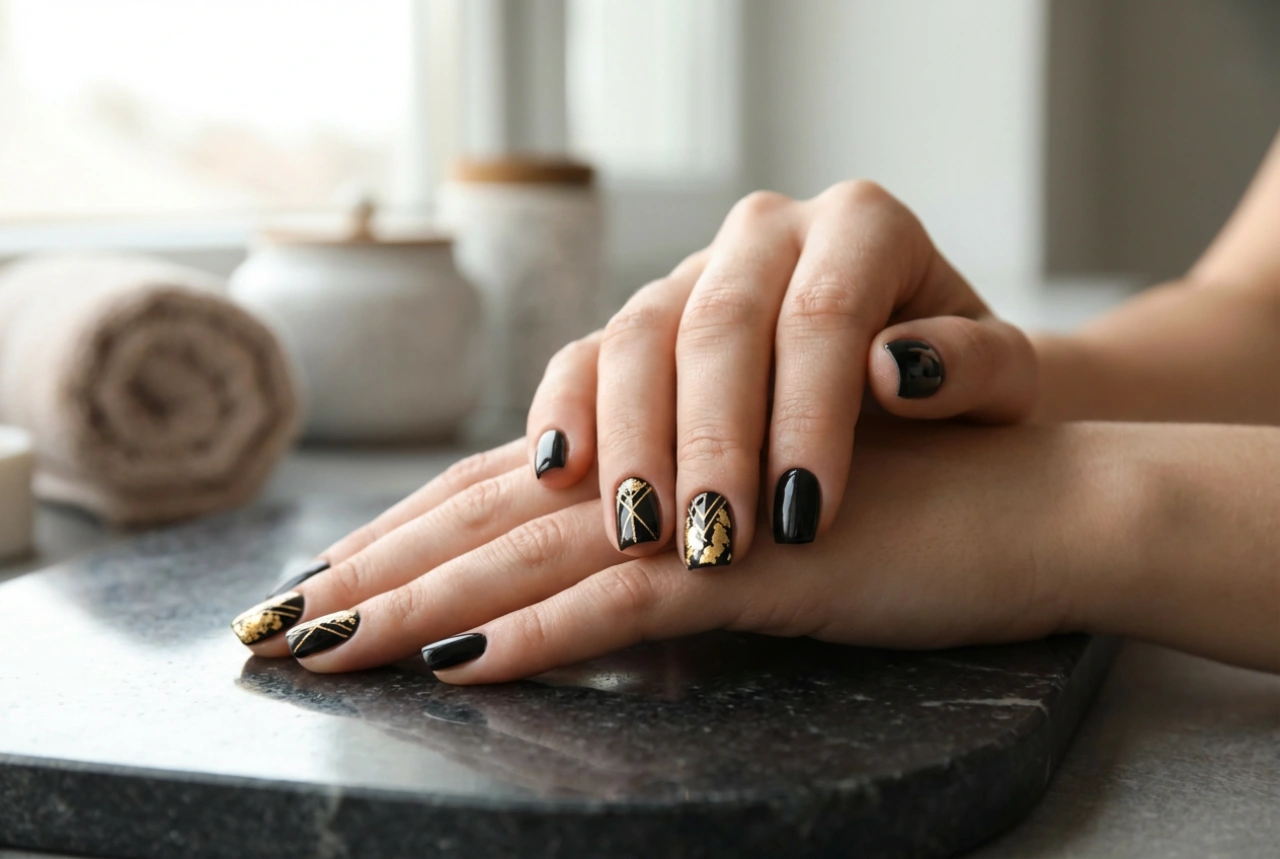 Zwarte nagels met goud: luxe versieringen, tape en folie