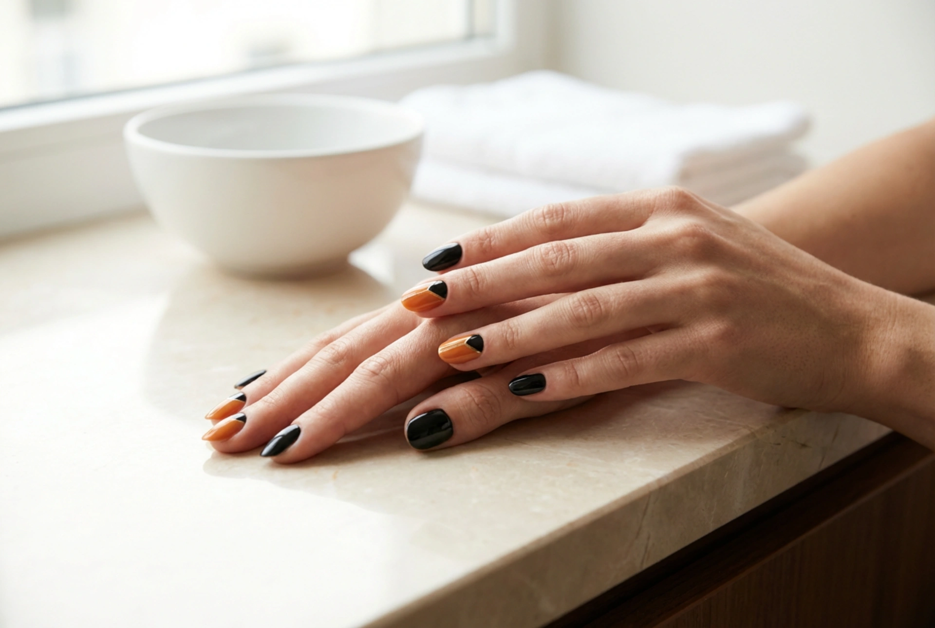 Zwart-oranje nagels: Halloween en alledaagse stylings stap voor stap