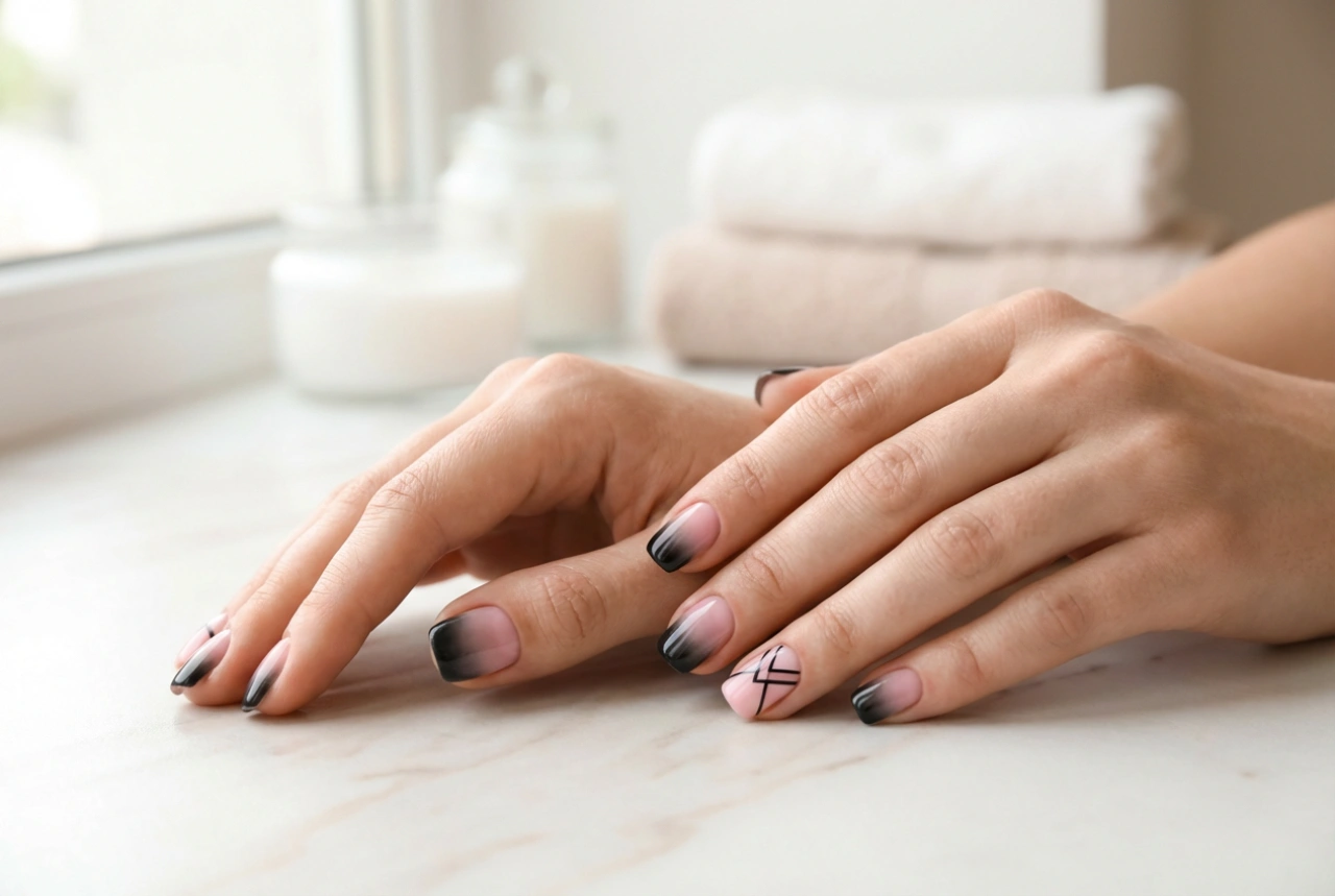 Hoe combineer je zwart en roze op je nagels: ombre en minimalistische patronen
