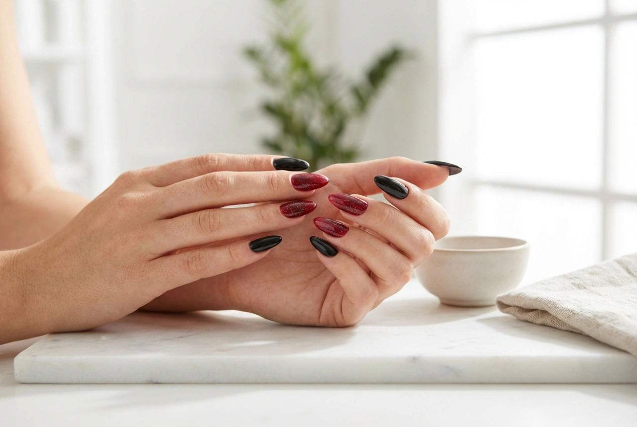 Zwarte en rode nagels: eenvoudige technieken voor combineren en versieren