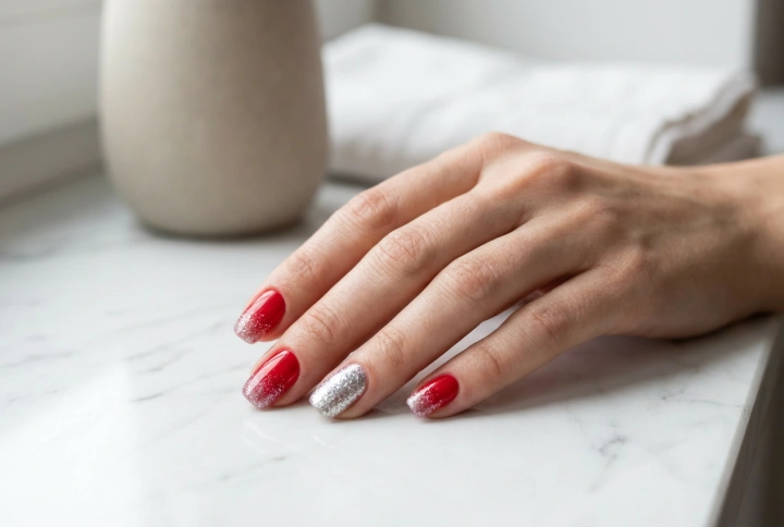 Rode nagels met zilveren glitter: gelijkmatig verloop en accent