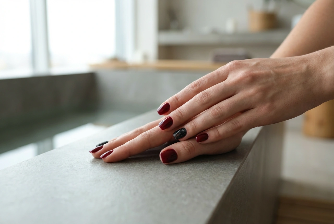 Rode nagels met zwarte glitter: hoe texturen en kleuren te combineren