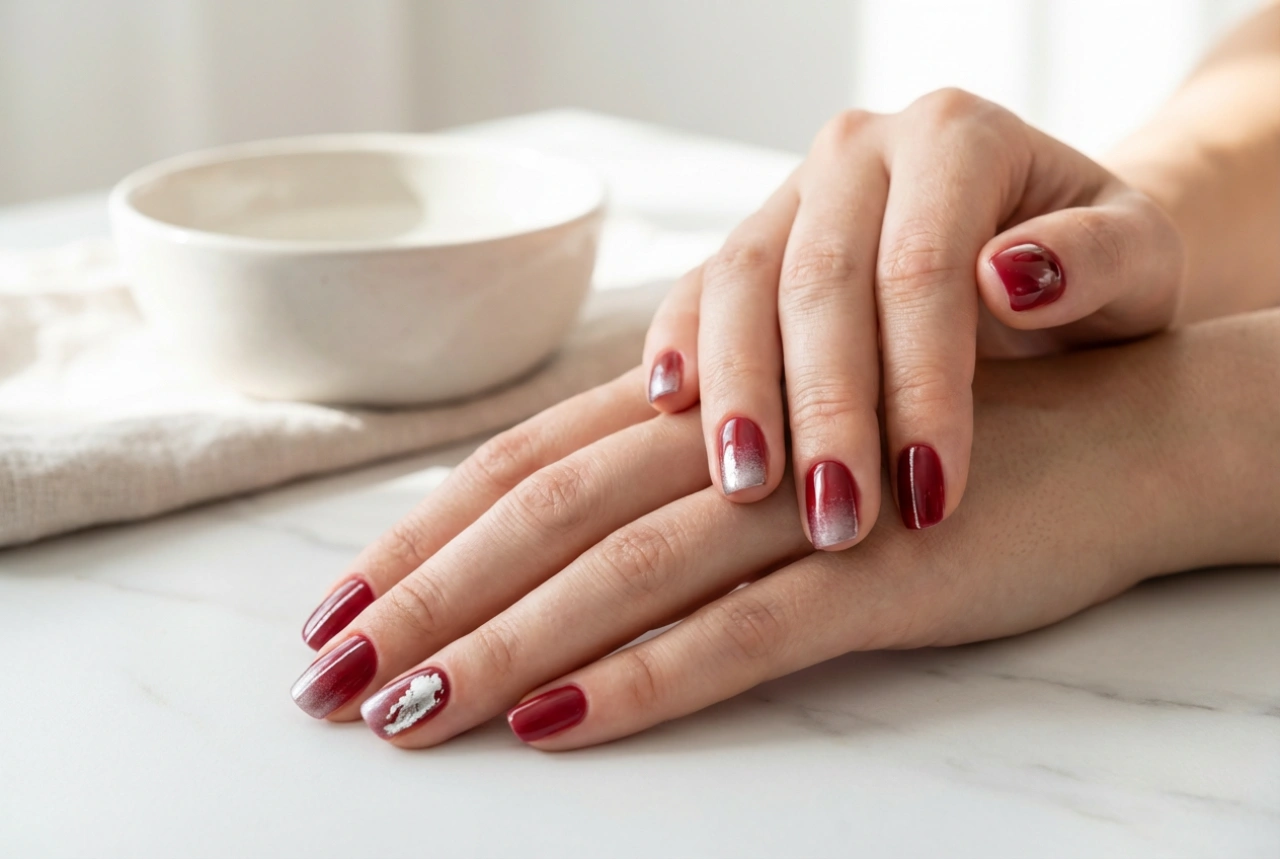 Rode nagels met zilver: verloop, lijnen en een accent op één nagel