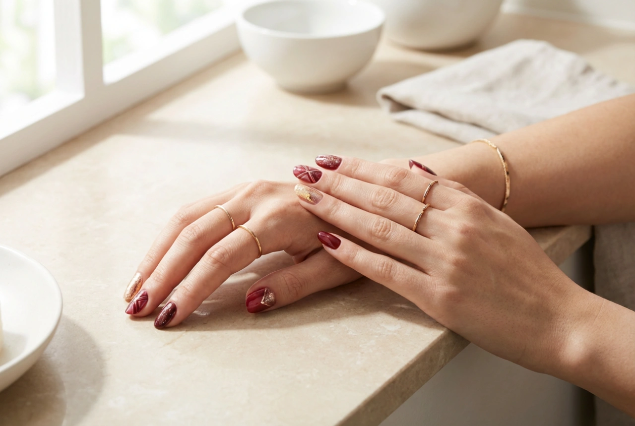 Elegante combinatie: rode nagels met goud in drie stijlen